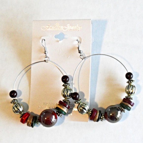 NEW - Multi Color Beaded Large Hoop Earrings - Picture 2 of 3